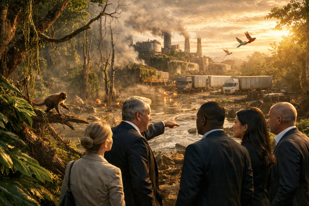 A diverse group of business executives in suits stands at the rainforest's edge, pointing toward distressed wildlife like a monkey on a branch and fleeing birds amid smoke-belching factories and overgrown trucks, under dramatic golden-hour lighting.