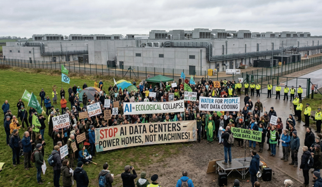 An aerial, wide-angle shot of a large-scale environmental protest taking place outside a massive, modern AI data center in the UK.