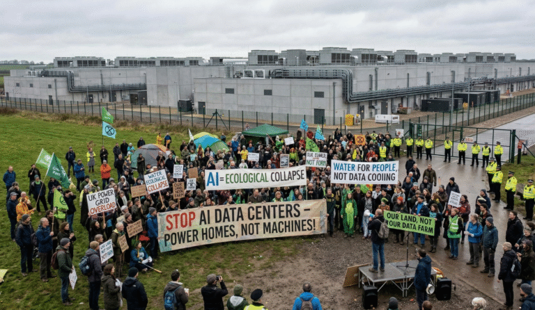 An aerial, wide-angle shot of a large-scale environmental protest taking place outside a massive, modern AI data center in the UK.