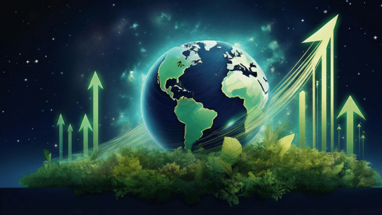 A 3D-rendered miniature globe sits atop rugged rocks and mountains, blending a nighttime cityscape with surrounding forests to symbolize urban growth alongside natural preservation.