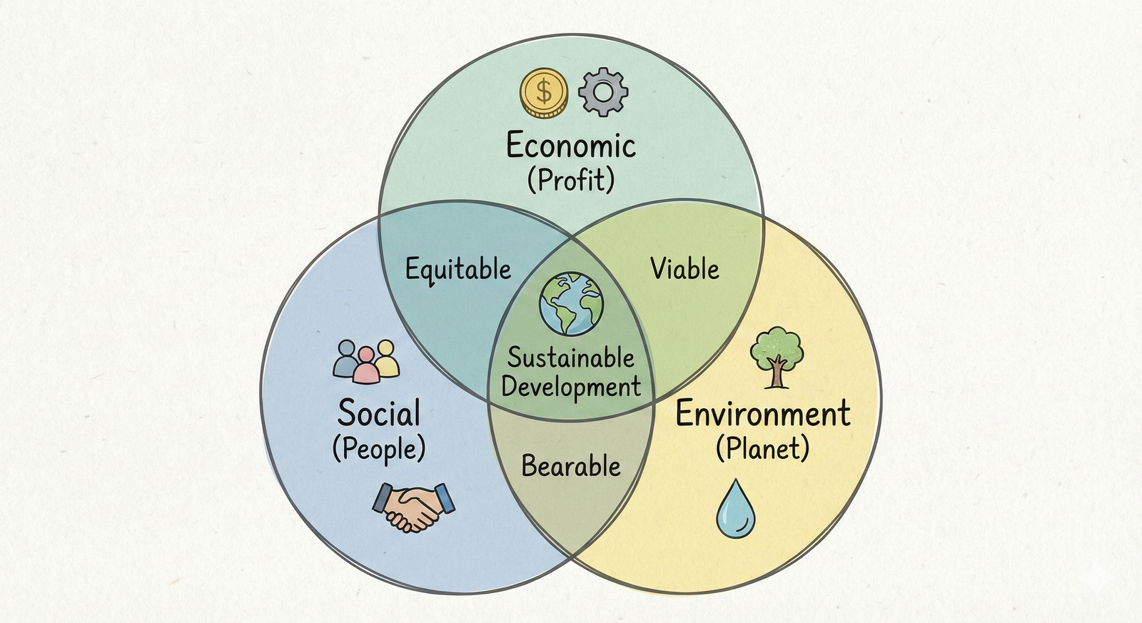 Equitable (Social/People)" in blue, "Economic (Profit)" in green, and "Environmental (Planet)