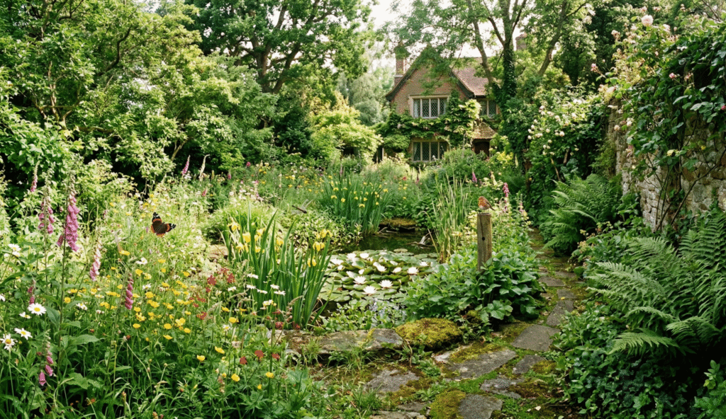A photorealistic view of Sir David Attenborough's wild 1990s Richmond garden in spring 2026, showcasing the Attenborough garden trend with untamed ferns cascading over stone walls, a central pond with blooming water lilies, colorful wildflowers like foxgloves and buttercups, butterflies, birds, and lush greenery under soft sunlight, highlighting sustainable rewilding without manicured lawns.