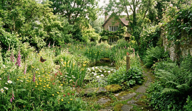 A photorealistic view of Sir David Attenborough's wild 1990s Richmond garden in spring 2026, showing untamed ferns cascading over stone walls, a central pond with blooming water lilies, colorful wildflowers like foxgloves and buttercups, butterflies, birds, and lush greenery under soft sunlight, highlighting sustainable rewilding without manicured lawns.