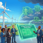 Dynamic illustration of wind turbines and solar panels against a blue sky with fading storm clouds, featuring diverse global leaders holding a glowing green blueprint labeled '5-Step Renewables Action Plan' surrounded by icons for grid upgrades, storage, and electrification.