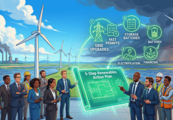 Dynamic illustration of wind turbines and solar panels against a blue sky with fading storm clouds, featuring diverse global leaders holding a glowing green blueprint labeled '5-Step Renewables Action Plan' surrounded by icons for grid upgrades, storage, and electrification.