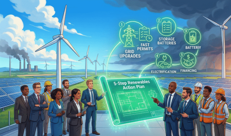 Dynamic illustration of wind turbines and solar panels against a blue sky with fading storm clouds, featuring diverse global leaders holding a glowing green blueprint labeled '5-Step Renewables Action Plan' surrounded by icons for grid upgrades, storage, and electrification.
