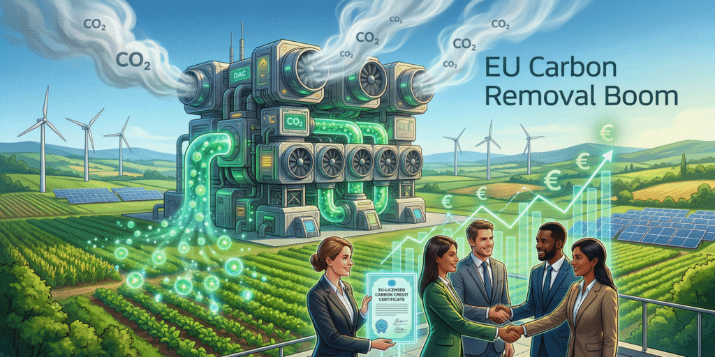 A futuristic European landscape showing a large direct air capture facility removing carbon dioxide from the sky and converting it into clean energy, with green farmland, wind turbines, and solar panels in the background. In the foreground, diverse investors examine glowing EU‑licensed carbon removal credit certificates, symbolizing growing financial interest in certified, high‑integrity carbon removal projects.