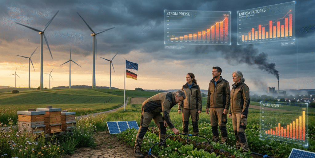 European wind farm on green hills at dusk with farmers tending regenerative crops in the foreground and a distant natural gas power plant symbolizing Europe’s scaled‑back climate goals amid an energy crisis from the Iran war, 2026.