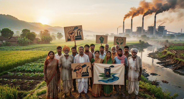 A hyper-realistic scene shows a diverse group of Indian activists and farmers standing united in a lush yet threatened agricultural landscape at dawn, with an industrial factory emitting smoke in the background over eroding fields and a polluted river, contrasted by a hopeful green valley. Detailed textures highlight their determined expressions, traditional clothing, factory structures, and natural elements under warm golden lighting.