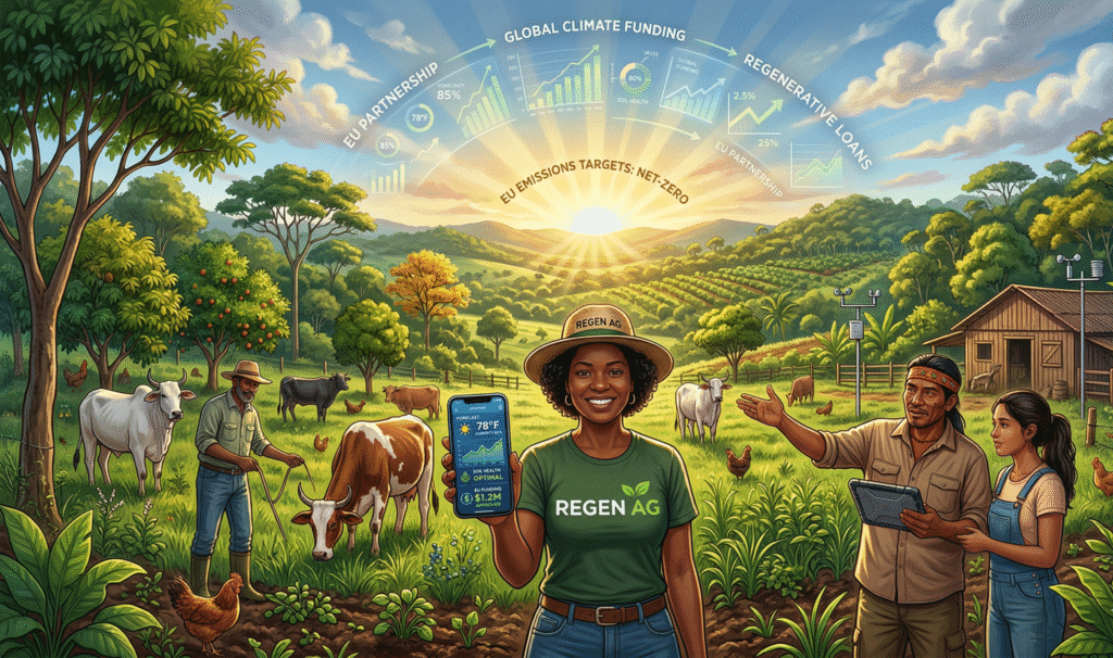 Vibrant illustration of diverse smallholder farmers in a lush Brazilian pasture, restoring land with agroforestry trees, grazing cattle, and smartphones showing AI weather tools, under a sunrise sky with symbolic EU emissions charts and resilient crops, in green earth tones for a sustainability news header.