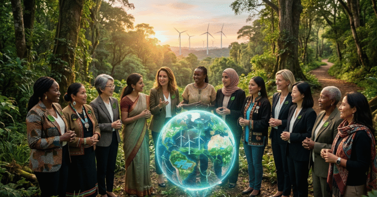 Twelve diverse women leaders from various global backgrounds stand together in a lush forest clearing at sunrise, engaging in collaborative discussion around a glowing holographic globe displaying renewable energy grids and restored ecosystems.