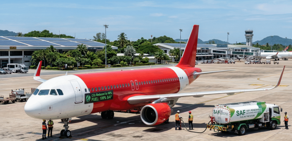 A modern red-and-white low-cost airline plane resembling AirAsia sits on a sunny airport tarmac while ground crew refuel it from a sustainable aviation fuel truck labeled 'SAF 100% Renewable'. Green solar panels cover nearby airport buildings amid lush greenery, with a digital dashboard on the plane showing 'CO2 Reduced by 80%' under a clear blue sky.
