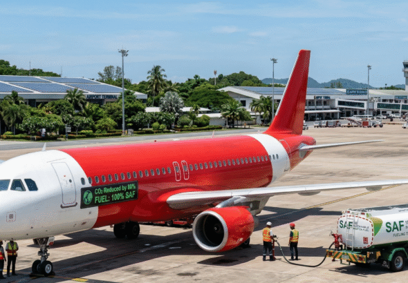A modern red-and-white low-cost airline plane resembling AirAsia sits on a sunny airport tarmac while ground crew refuel it from a sustainable aviation fuel truck labeled 'SAF 100% Renewable'. Green solar panels cover nearby airport buildings amid lush greenery, with a digital dashboard on the plane showing 'CO2 Reduced by 80%' under a clear blue sky.