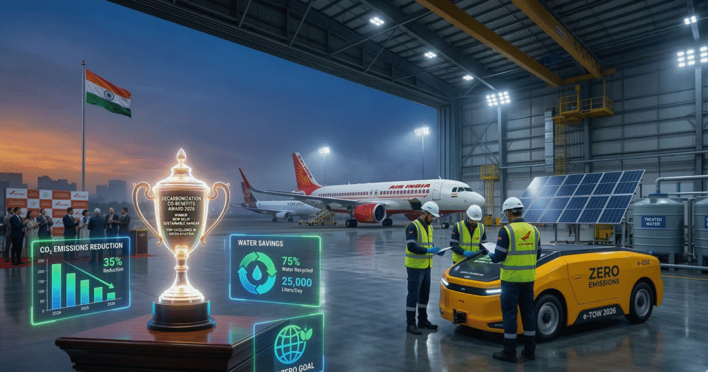 AIESL team celebrates Decarbonization Co-Benefits Award 2026 amid eco-upgraded aviation hangar with electric vehicles and emission charts, highlighting AIESL decarbonization initiatives.