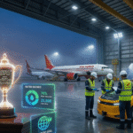 AIESL team celebrates Decarbonization Co-Benefits Award 2026 amid eco-upgraded aviation hangar with electric vehicles and emission charts.