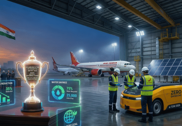 AIESL team celebrates Decarbonization Co-Benefits Award 2026 amid eco-upgraded aviation hangar with electric vehicles and emission charts.