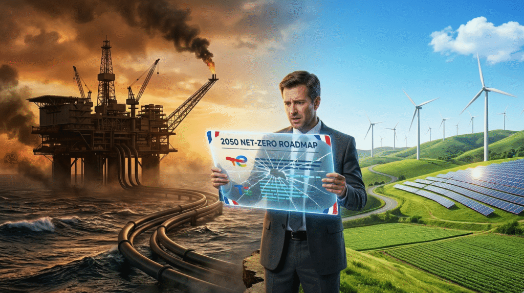 Illustration of TotalEnergies reassessing its 2050 net‑zero climate goals amid a slow global energy transition, showing a split scene of fossil fuel infrastructure on one side and renewable energy sources like wind turbines and solar panels on the other, with a corporate figure holding a cracked roadmap symbolizing the challenge of balancing oil and gas use with climate targets.