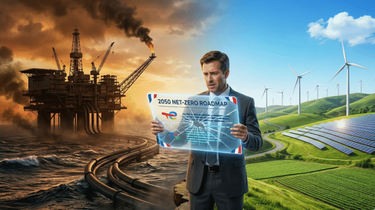 Illustration of TotalEnergies reassessing its 2050 net‑zero climate goals amid a slow global energy transition, showing a split scene of fossil fuel infrastructure on one side and renewable energy sources like wind turbines and solar panels on the other, with a corporate figure holding a cracked roadmap symbolizing the challenge of balancing oil and gas use with climate targets.