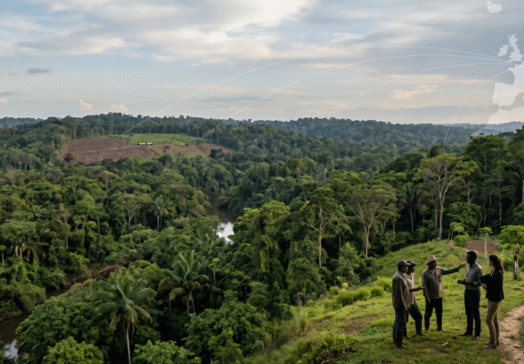 A documentary‑style scene of a tropical rainforest with a small cleared patch in the distance, showing the contrast between intact forest and deforestation pressure. A faint outline of Europe with subtle supply‑chain lines connects to the forest, while silhouettes of farmers and businesspeople meet at the forest edge, symbolizing cooperation on sustainable supply chains.