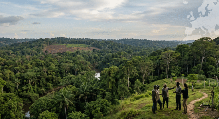 A documentary‑style scene of a tropical rainforest with a small cleared patch in the distance, showing the contrast between intact forest and deforestation pressure. A faint outline of Europe with subtle supply‑chain lines connects to the forest, while silhouettes of farmers and businesspeople meet at the forest edge, symbolizing cooperation on sustainable supply chains.