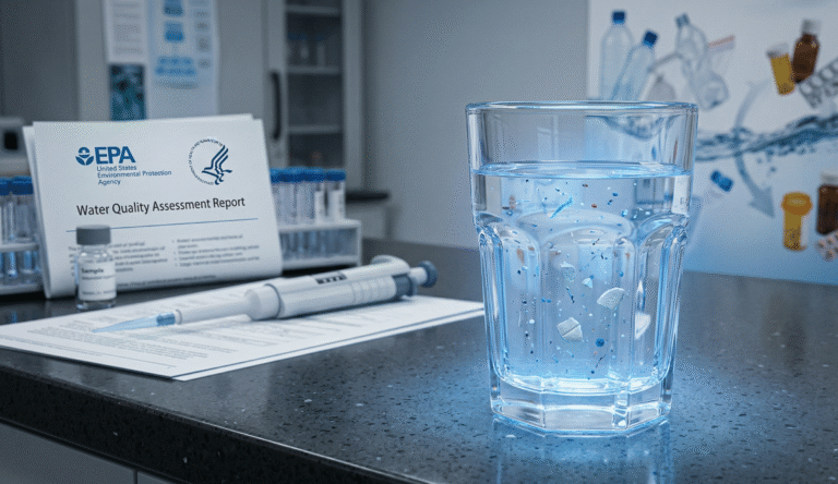 A close-up view of a clear glass of drinking water on a kitchen counter, revealing tiny magnified microplastic particles and faint pharmaceutical fragments suspended inside under a soft blue scientific light. In the background, EPA and HHS logos appear on official papers alongside a lab pipette and subtle outlines of plastic waste and medicine bottles flowing into a water stream, highlighting US agencies' new monitoring efforts for safer drinking water.