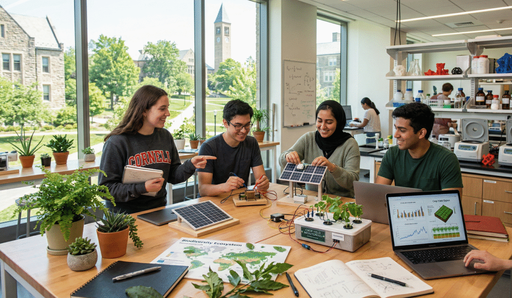 A vibrant, realistic digital illustration shows diverse university students collaborating in a modern Cornell University lab on sustainability research projects supported by Atkinson Center grants. Young researchers, including undergraduates and graduates, work around high-tech tables with models of solar panels, organic thermoelectric devices, crop yield sensors for food security, and biodiversity ecosystem diagrams, alongside notebooks, laptops displaying climate data, and green plants symbolizing planetary health. Bright, optimistic colors and natural light stream through large windows overlooking a lush campus landscape, emphasizing innovation, teamwork, and future leadership in clean energy and environmental conservation.
