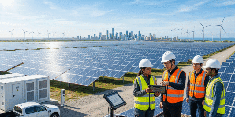 A wide‑angle view of a vast solar farm under a bright blue sky, with rows of gleaming photovoltaic panels stretching to the horizon. In the foreground, a small group of engineers in safety vests and helmets stands beside a solar panel, examining a digital tablet or control panel. Behind the solar installation, a modern city skyline rises on the horizon, with several wind turbines visible in the distance, conveying a transition to clean, renewable energy.
