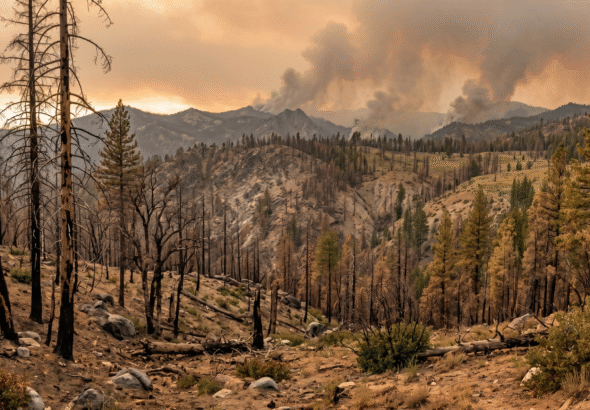 A photorealistic panoramic landscape of a declining California mountain forest under climate stress at dusk, featuring scorched leafless pine and oak trees with cracked bark in the foreground, thinning canopy with exposed rocky soil and shrub encroachment in the midground, distant ridges with rising wildfire smoke under a hot orange-tinted sky, rendered in warm earth tones like burnt oranges, dusty browns, and faded greens to convey environmental urgency.