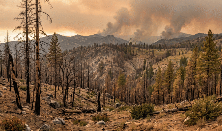 A photorealistic panoramic landscape of a declining California mountain forest under climate stress at dusk, featuring scorched leafless pine and oak trees with cracked bark in the foreground, thinning canopy with exposed rocky soil and shrub encroachment in the midground, distant ridges with rising wildfire smoke under a hot orange-tinted sky, rendered in warm earth tones like burnt oranges, dusty browns, and faded greens to convey environmental urgency.