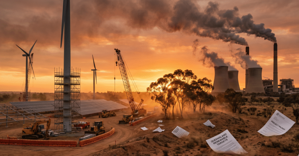 Aerial view of Gladstone Power Station in Queensland, Australia: a massive coal-fired facility with four tall smokestacks emitting light smoke, surrounded by industrial waterways and green hills under a clear sky.