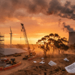Aerial view of Gladstone Power Station in Queensland, Australia: a massive coal-fired facility with four tall smokestacks emitting light smoke, surrounded by industrial waterways and green hills under a clear sky.