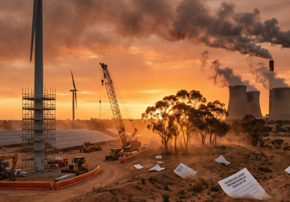 Aerial view of Gladstone Power Station in Queensland, Australia: a massive coal-fired facility with four tall smokestacks emitting light smoke, surrounded by industrial waterways and green hills under a clear sky.