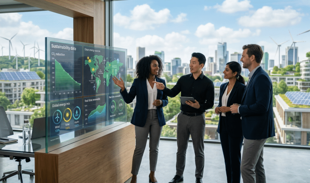 Diverse team of professionals discussing a digital dashboard showing renewable energy data and climate metrics in a modern office, with a cityscape of wind turbines and solar panels visible through the window.