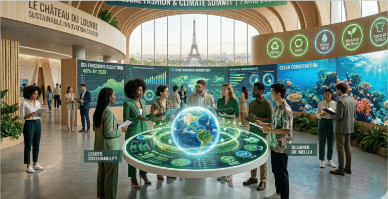 Interior of a modern climate and fashion summit in Paris, showing a bright exhibition hall with diverse professionals gathered around a glowing circular planet model surrounded by textile fibers and green data streams; digital screens behind them display CO₂ reduction charts, ocean‑health visuals, and circular fashion icons, in a clean, eco‑themed, editorial‑style composition.