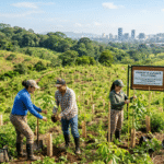 A vibrant, recovering forest landscape in Latin America shows rows of young native trees planted on once‑degraded land, with local workers in field clothes planting saplings and monitoring growth. In the background, a softly blurred city skyline suggests the link between financial investment and ecosystem restoration, while the overall scene conveys climate action, community engagement, and large‑scale reforestation.