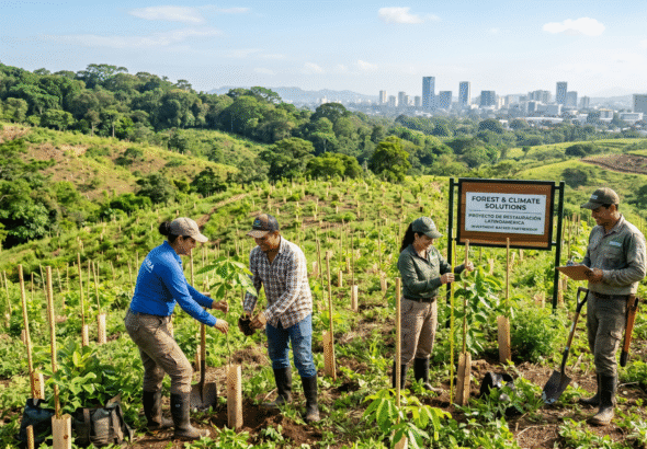 A vibrant, recovering forest landscape in Latin America shows rows of young native trees planted on once‑degraded land, with local workers in field clothes planting saplings and monitoring growth. In the background, a softly blurred city skyline suggests the link between financial investment and ecosystem restoration, while the overall scene conveys climate action, community engagement, and large‑scale reforestation.
