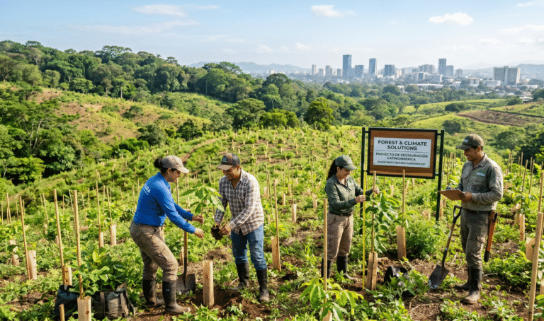 A vibrant, recovering forest landscape in Latin America shows rows of young native trees planted on once‑degraded land, with local workers in field clothes planting saplings and monitoring growth. In the background, a softly blurred city skyline suggests the link between financial investment and ecosystem restoration, while the overall scene conveys climate action, community engagement, and large‑scale reforestation.