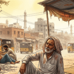 Elderly people in a South Asian city endure a deadly heatwave, struggling under blazing sun and high humidity that exceeds human survival limits, with some collapsing even in partial shade amid hazy urban landscapes.