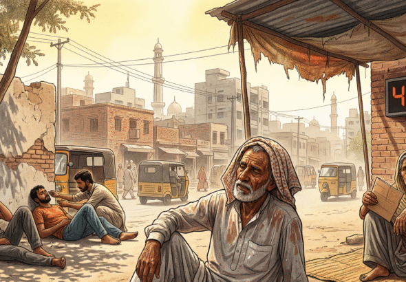 Elderly people in a South Asian city endure a deadly heatwave, struggling under blazing sun and high humidity that exceeds human survival limits, with some collapsing even in partial shade amid hazy urban landscapes.