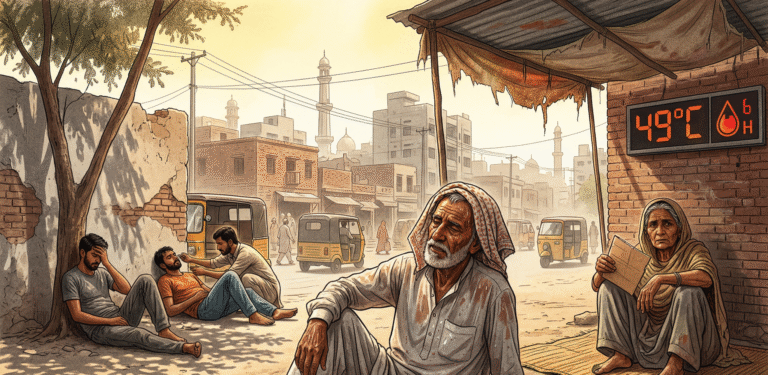 Elderly people in a South Asian city endure a deadly heatwave, struggling under blazing sun and high humidity that exceeds human survival limits, with some collapsing even in partial shade amid hazy urban landscapes.