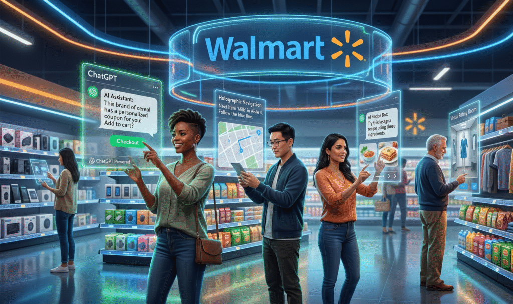 A futuristic digital illustration shows diverse shoppers interacting with ChatGPT on floating holographic screens for seamless AI-powered shopping. Walmart's blue logo appears alongside glowing shelves of groceries and electronics, highlighting instant checkout features in a high-tech retail space with neon accents and vibrant colors.