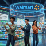 A futuristic digital illustration shows diverse shoppers interacting with ChatGPT on floating holographic screens for seamless AI-powered shopping. Walmart's blue logo appears alongside glowing shelves of groceries and electronics, highlighting instant checkout features in a high-tech retail space with neon accents and vibrant colors.