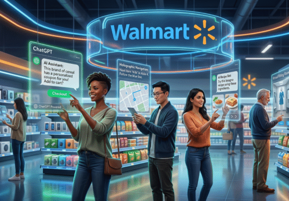 A futuristic digital illustration shows diverse shoppers interacting with ChatGPT on floating holographic screens for seamless AI-powered shopping. Walmart's blue logo appears alongside glowing shelves of groceries and electronics, highlighting instant checkout features in a high-tech retail space with neon accents and vibrant colors.