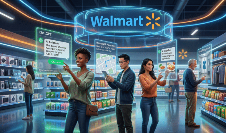 A futuristic digital illustration shows diverse shoppers interacting with ChatGPT on floating holographic screens for seamless AI-powered shopping. Walmart's blue logo appears alongside glowing shelves of groceries and electronics, highlighting instant checkout features in a high-tech retail space with neon accents and vibrant colors.