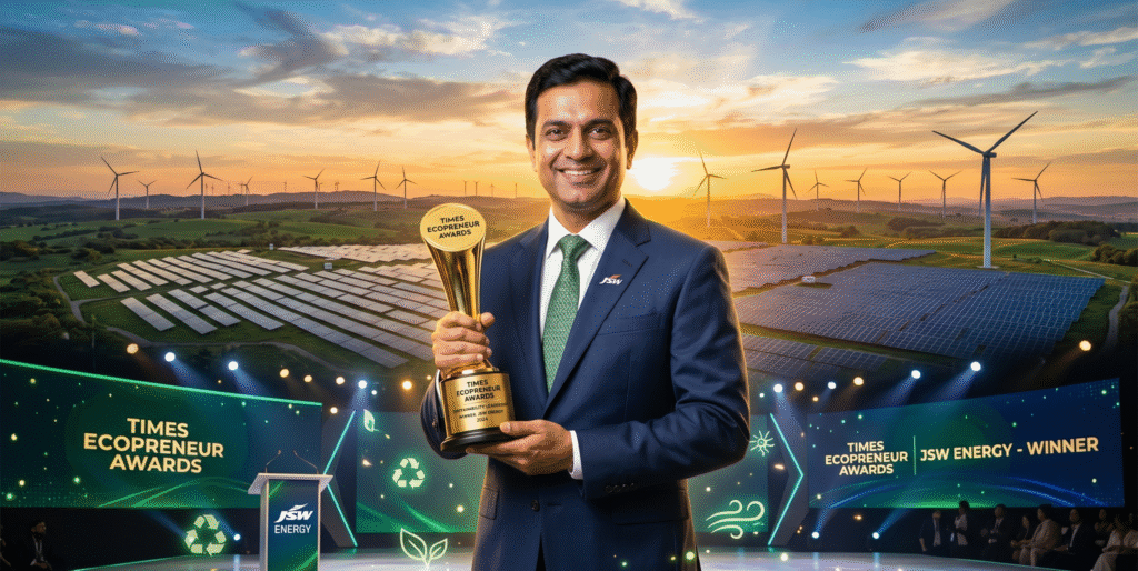 A concise, SEO-friendly alt text for the JSW Energy sustainability award image is: "Indian executive in suit holding gold Ecopreneur trophy on stage, with solar panels, wind turbines, and green hills at sunset, symbolizing clean energy innovation.