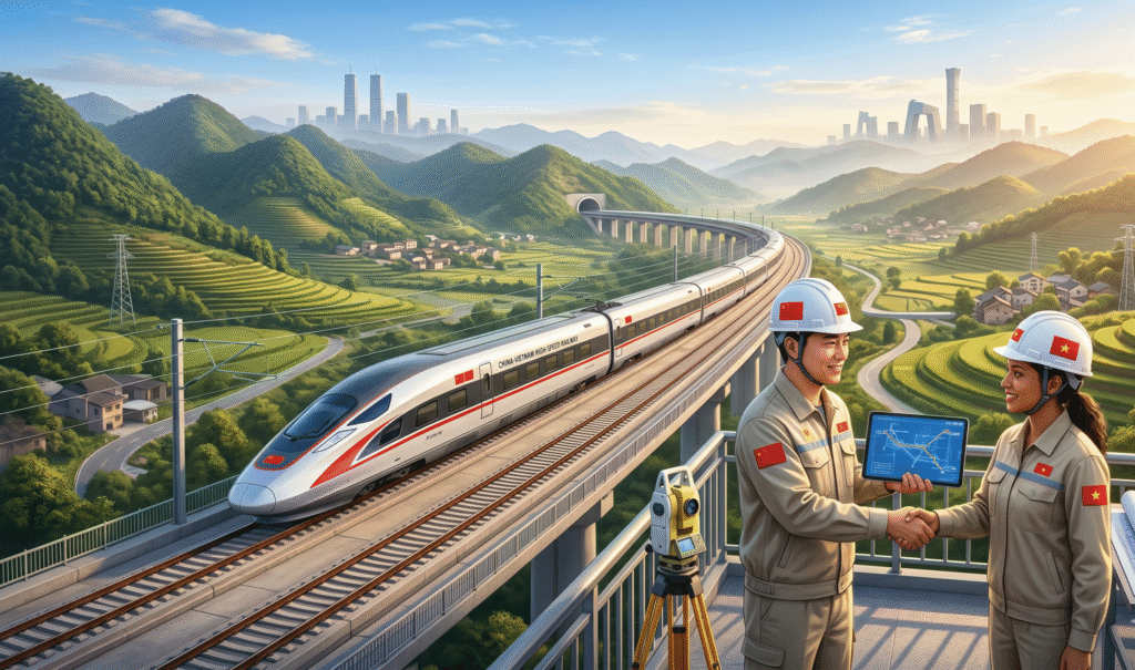 Photorealistic illustration of a high-speed train on the China-Vietnam border railway amid green mountains, with engineers from both nations shaking hands, symbolizing infrastructure cooperation.
