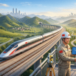 Photorealistic illustration of a high-speed train on the China-Vietnam border railway amid green mountains, with engineers from both nations shaking hands, symbolizing infrastructure cooperation.