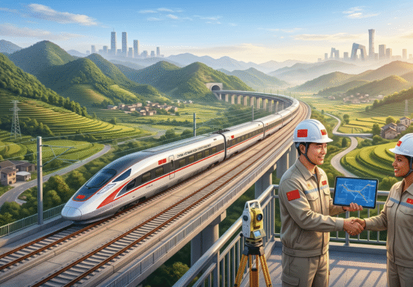 Photorealistic illustration of a high-speed train on the China-Vietnam border railway amid green mountains, with engineers from both nations shaking hands, symbolizing infrastructure cooperation.