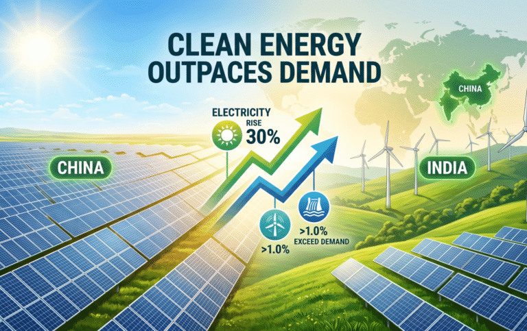 Infographic illustration showing China's vast solar panel fields on the left transitioning to India's wind turbines and solar arrays on green hills on the right, with central upward arrows depicting 30% solar growth charts, glowing world map highlights for both nations, and tagline 'Clean Energy Outpaces Demand' under golden hour lighting.
