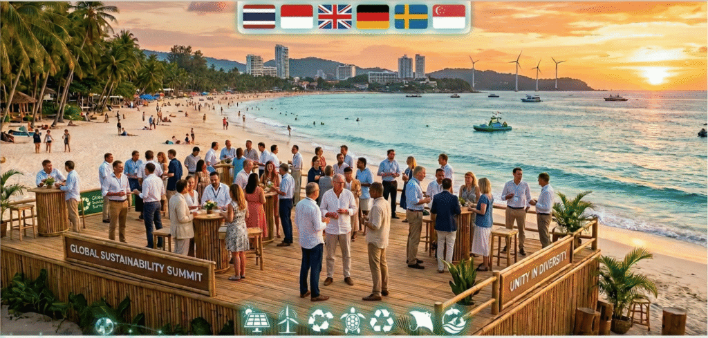 Panoramic golden hour sunset over Phuket beach with turquoise waves, palm trees, and diverse delegates networking on a sustainable bamboo conference stage, featuring flags and eco icons for the **Phuket Tourism 2026** Global Sustainable Tourism Conference.